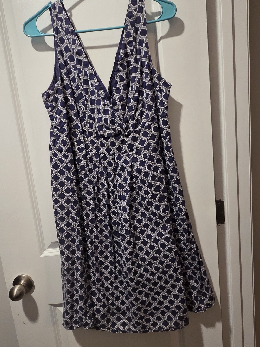 Lands' End Navy and White Geometric V-Neck Sundress